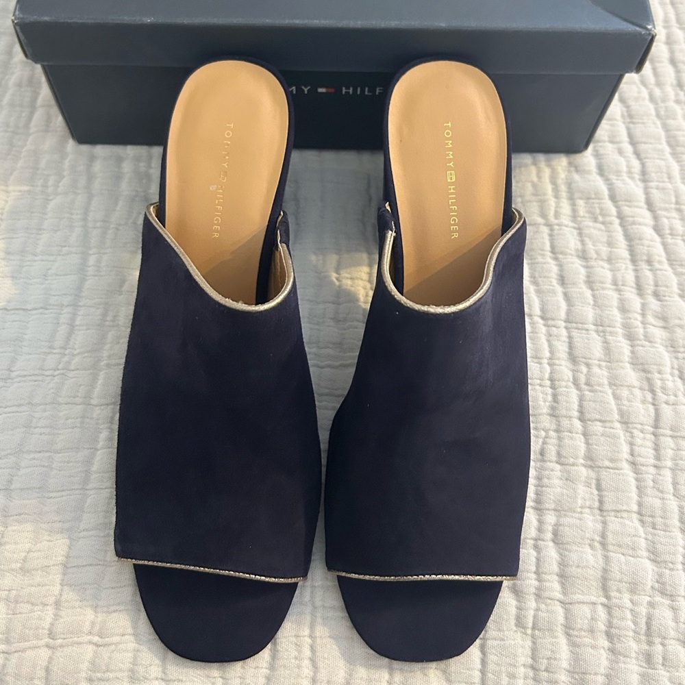 Tommy Hilfiger Suede Navy Gold Trim Slip on Heels